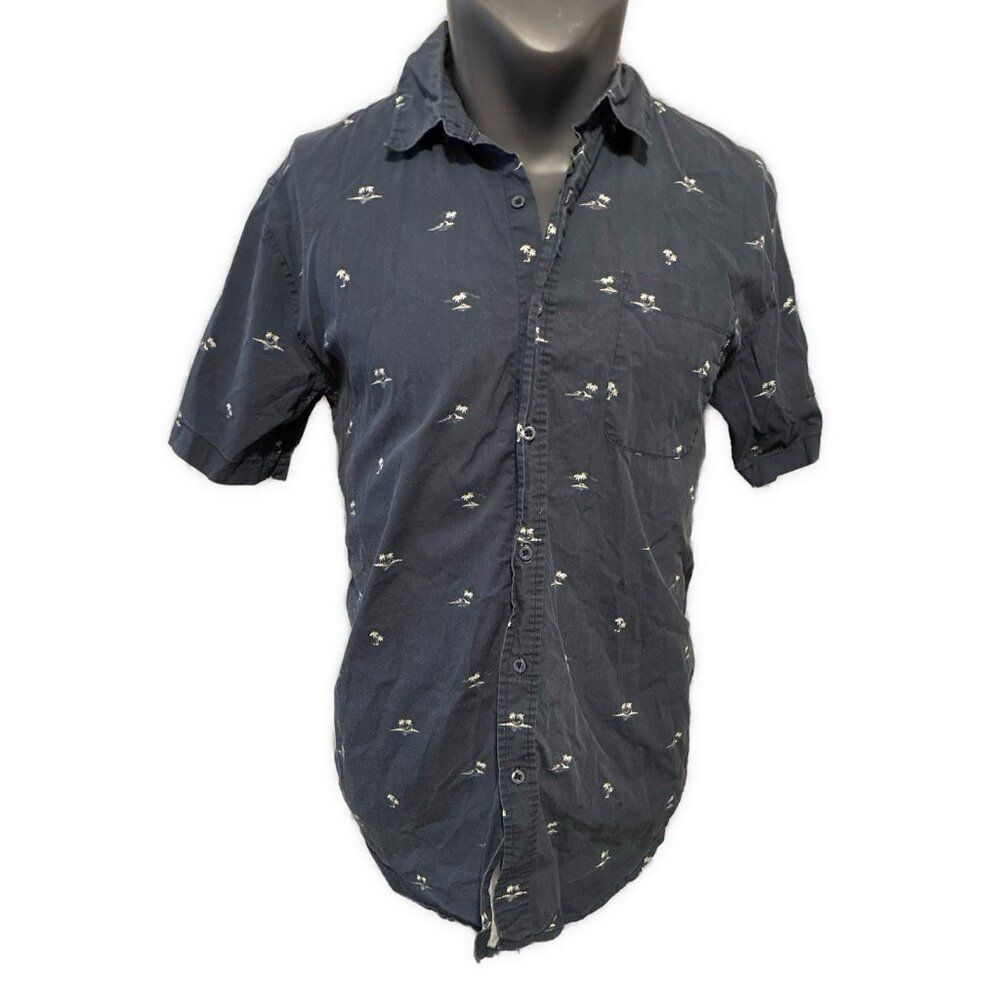 Alton Mens Dark Blue White Palm Tree Print Short Sleeve Button Down Shirt Xl
